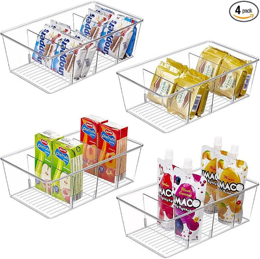 4PCS Food Storage Organizer Bins Clear Plastic Removable Snack Organizer Pantry Organization Storage Racks with Removable Divider,Perfect for Kitchen,Fridge,Cabinet,Bathroom Organization by Flyxiregg