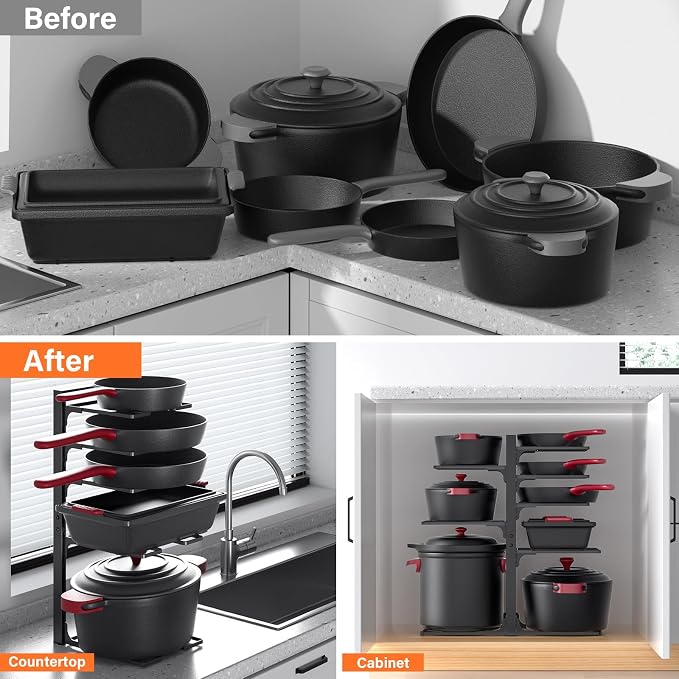 MUDEELA 8-Tier Heavy-duty pan organizers inside cabinet, 20.8" H Black | Adjustable 20.8" Height, Heavy-duty pot rack, Holds big stockpots, cookware & skillets, Fits countertops, Kitchen storage - Image 7