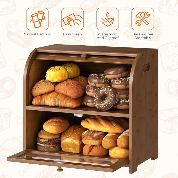 HOOBRO Bread Box, Bamboo Bread Box for Kitchen Countertop, 2 Tier Roll-Top Bread Bin, Food Storage Box, Large Capacity Keeper, Wooden Storage Cabinet, for Kitchen, Dining Room, Brown BR13MB01 - Image 4