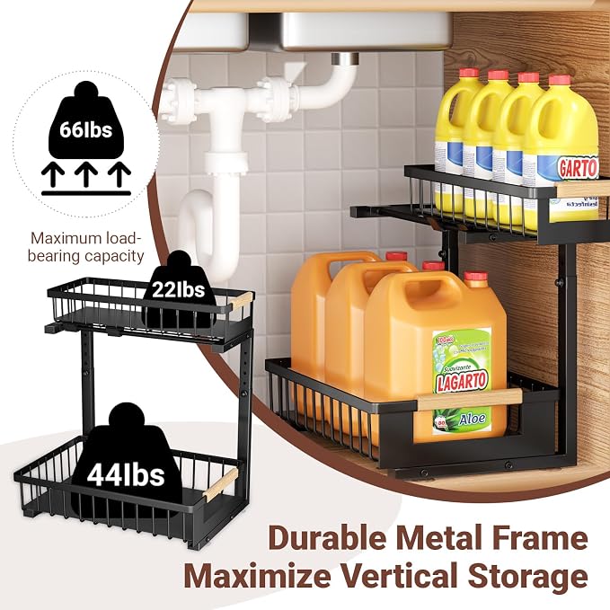 Under Sink Organizers and Storage, 2 Pack L-Shaped Pull Out Cabinet Organizer, 2 Tier Sliding Storage Rack with Adjustable Height, Metal Under Sink Shelf for Kitchen, Bathroom, Pantry, Black - Image 4