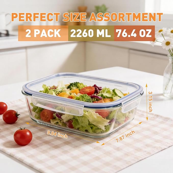 Liuruiyu 2 Pack 2260ml/76.4oz Glass Food Storage Containers with Lids, Meal Prep Containers, Airtight Bento Boxes with Leak Proof Locking for Microwave, Oven, Freezer and Dishwasher, BPA Free - Image 3