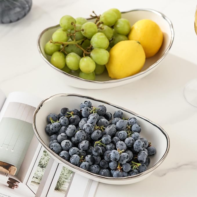 2 Tier Fruit Bowl, Ceramic Fruit Basket for Kitchen Counter | Fruit Holder for Kitchen, with Metal Stand, No Installation Required, Save Space, Easy to Clean, Modern, Silver-rimmed, Small - Image 6