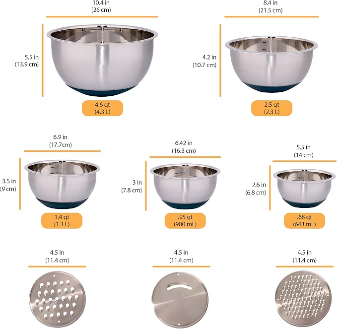 Chicago Metallic 13-Piece Stainless Steel Mixing Bowl Set with Airtight Lids and Grater Attachments, Etched Measurements, Nonslip Base, Dishwasher Safe, Nesting Bowls for Kitchen Baking Cooking - Image 2