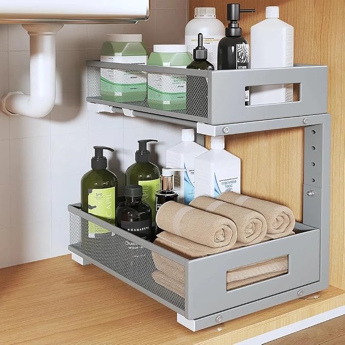 Under Sink Organizer, 2-Tier Dual Pull Out Cabinet Organizer Drawers With Smooth Circular Rail,Large Capacity Metal Mesh Sliding Shelves For Bathroom& Kitchen Storage,Height Adjustable–Gun Gray,1 Pack by UnderSinkOrganizer