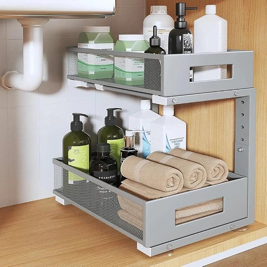 Under Sink Organizer, 2-Tier Dual Pull Out Cabinet Organizer Drawers With Smooth Circular Rail,Large Capacity Metal Mesh Sliding Shelves For Bathroom& Kitchen Storage,Height Adjustable–Gun Gray,1 Pack by UnderSinkOrganizer