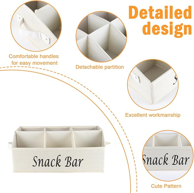 Snack Organizer for Countertop, Fabric Snack Organizer with Handles, 6 Compartment Snack Box Container Snack Basket, Snack Bar Station Organizer, Kitchen Pantry Organizer and Storage - Beige - Image 2