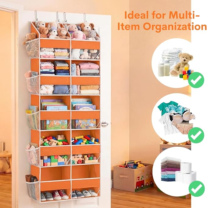 Over The Door Organizer 5 Tiers, Extra Large Behind Door Storage of 10 Compartments, 80 lbs Weight Capacity Hanging Storage Organizer with Clear Window Kids Toys,Shoes,Diapers,Room Storage,Orange - Image 5