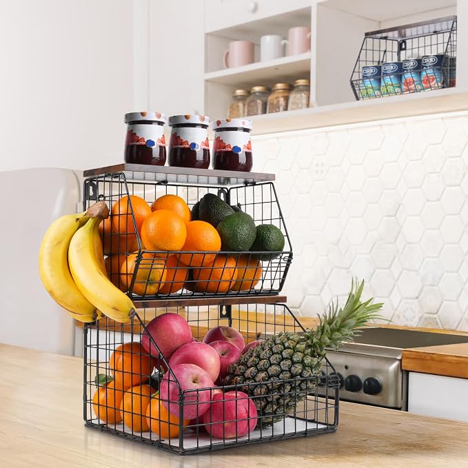 Mefirt Fruit Basket, Stackable Wall Mounted Fruit Baskets, Potato Baskets Onion Storage for Kitchen, Hanging Wire Basket with Wood Lid, 2-Tier Vegetable Organizer Kitchen Countertop Organization | Hanging Potato Basket Wire Basket with Wood Lid, 2-Tier... - Image 9