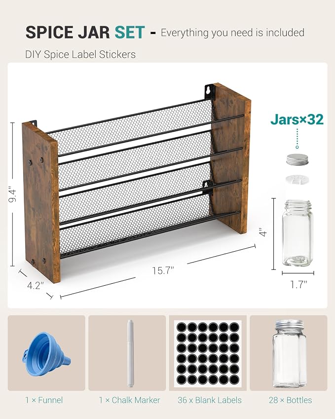 NESAPTO Spice Rack Organizer with 32 Glass Spice Jars, Wood 4-Tier Seasoning Organizer with Labels for Cabinet, Pantry, Countertop or Wall Mount, Chalk Marker and Funnel Set, 15.7" W × 9.4" H - Image 2