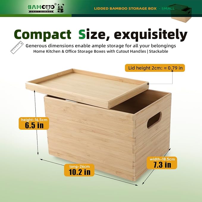 BAMOTTO CRAFTBAMBOO Stackable Bamboo Storage Bin with Lid 10.2”x7.3”x6.5” | Cutout Handles | Compact Design | Natural Bamboo Box Basket for Kitchen Pantry Drawer, Organize Tableware Snacks Toys Books - Image 2