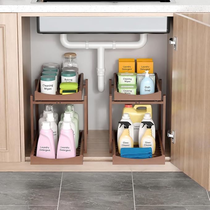 MHXW SXPN Bamboo Under Sink Organizer, 2 Pack Pull Out Cabinet Organizer | 2 Tier Vertical Smooth Slide Out Undersink Storage Shelf | Multi-Purpose Organizer Shelves for Kitchen Bathroom Medicine - Image 5