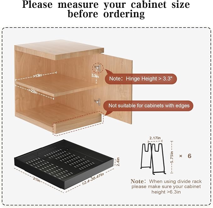 Seinloes 6 Pack Pull out Cabinet Organizer 21"Deep with Raising Pad for Framed Cabinets, Expandable Slide out Drawers for Kitchen Cabinets with 6pcs Divider Racks, Roll out Shelves 12.1"-20.4" W Black - Image 3