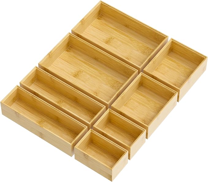 Bathroom Drawer Organizer Trays, Bamboo Silverware Drawer Organizer Kitchen Utensils, 8 PCS Wood Box Stackable Bins for Makeup, Office Desk, Vanity, Junk Drawer - Image 8