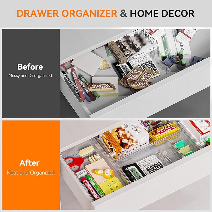 8 Pack Drawer Organizer for Kitchen Gadgets, Large Clear Plastic Drawer Divider for Kitchen Accessories, Bathroom Organizers and Storage, Home Essentials for Makeup and Vanity Accessories - Image 5