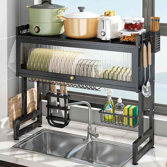 Over The Sink Dish Drying Rack, Over Sink Dish Drain Drying Rack for Kitchen Storage of Dishes and Cutlery, Space Saving Dish Rack with Cover, (Black, 33.5 inch) - Image 2
