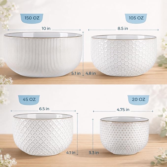 GBhome Ceramic Mixing Bowls Set of 4, Stoneware Nesting Serving Bowls | 150/105/45/20 oz For Prep, Baking, Serving, Gift, Microwave and Dishwasher Safe, Embossed Dishware Collection-Off White - Image 3