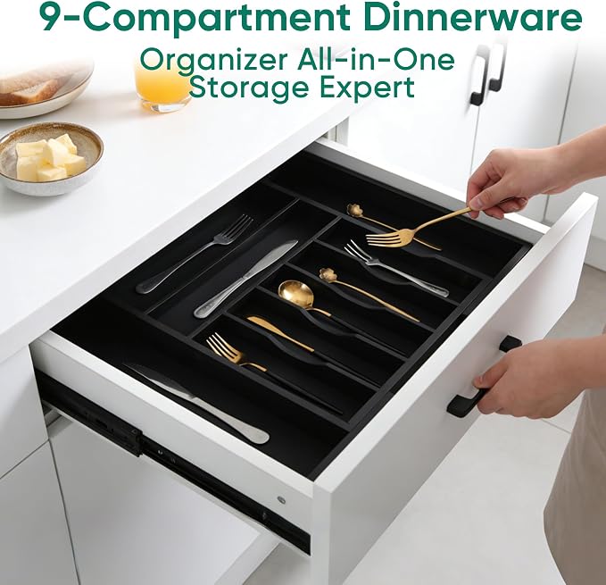 Bamboo Silverware Organizer, Expandable 9-Compartment Drawer Tray | 9 compartments, expandable 13.46-19.88 in width, bamboo construction, for flatware, utensils, and household items - Image 4