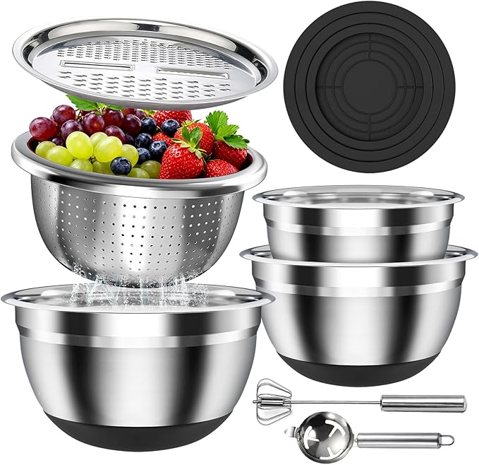 Stainless Steel Mixing Bowls Set with Lids & Silicone Base - 7-Piece Kitchen Gadgets Includes Colander, Grater, Egg Separator, Whisk - Nesting Bowls (1.5, 2, 2.5, 4.5 QT), Dishwasher Safe, Black by ENVTEK