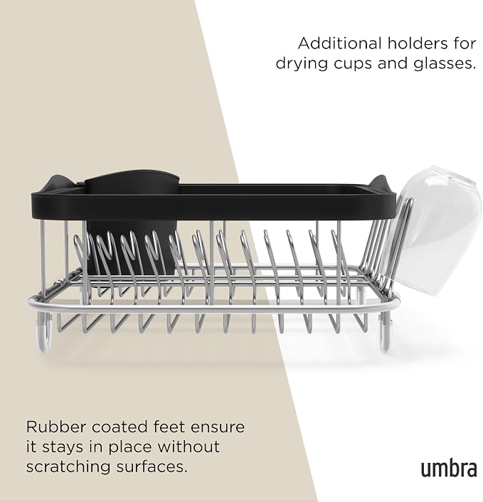 Umbra Sinkin Dish Drying Rack, in Sink or on Counter Drainer, Black/Nickel | Durable steel wire frame, rubber coated feet, low profile design, plastic base - Image 6
