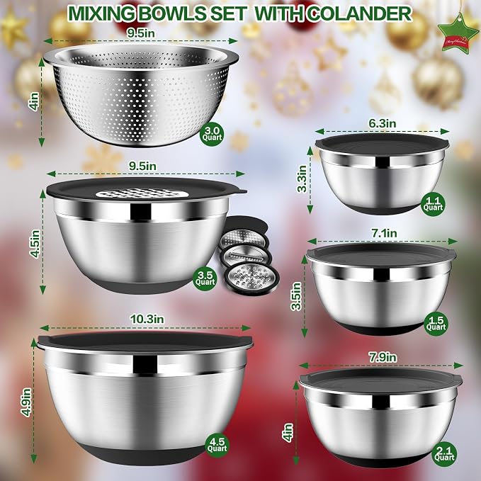 DUTZUN Kitchen Appliances, Large Mixing Bowls with Lids Set & Colander | 6.0 QT Stainless Steel Mixing Bowl with Strainer & Graters for Baking, Serving, Cooking, Prep, Salad - Image 2