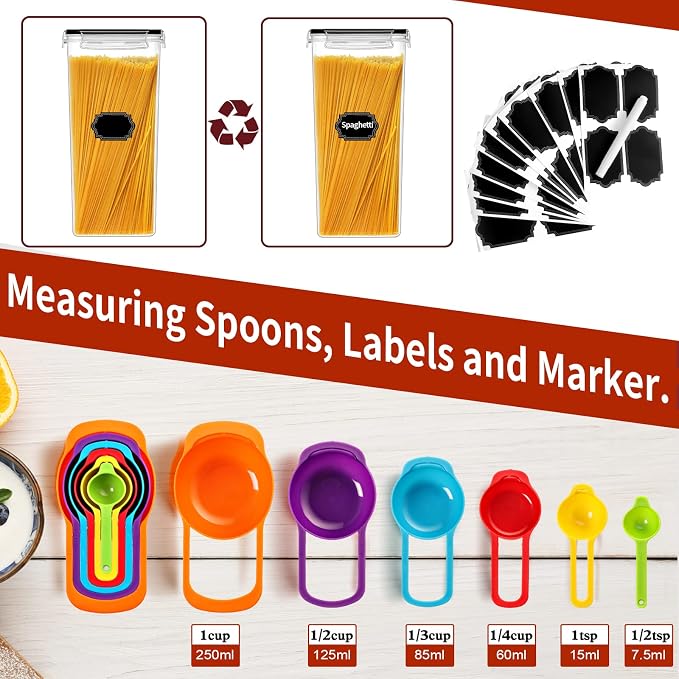 PRAKI 30 Pack Airtight Food Storage Containers for Organizers and Storage | Kitchen Storage Containers for Cereal Flour Sugar Storage, BPA Free, 5 Sizes, Container with 20 Labels, 6 Spoon & Marker - Image 5