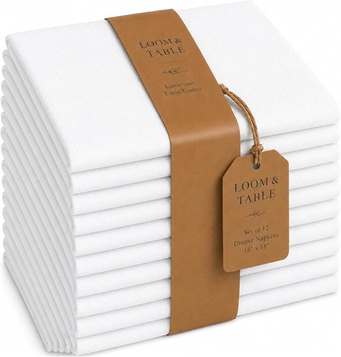White Willow White Cloth Napkins by Loom & Table - Set of 12 - Elegant, Wrinkle-Resistant, Machine Washable – Luxury Napkin for Dining Room, Weddings, Dinner Parties, Holidays, Birthdays - 18 X 18 by LoomandTable