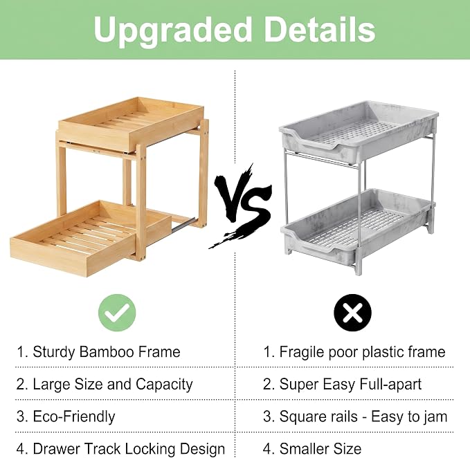 MHXW SXPN Bamboo Under Sink Organizer, 2 Pack Pull Out Cabinet Organizer | 2 Tier Vertical Smooth Slide Out Undersink Storage Shelf | Multi-Purpose Organizer Shelves for Kitchen Bathroom Medicine - Image 6