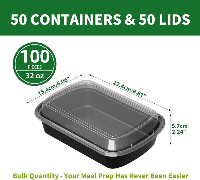 32oz Meal Prep Containers, 50 Pack Disposable Food Storage Boxes with Lids | Heavy Duty, Single Compartment, Leakproof Lids, BPA Free, Microwave Freezer Safe, Plastic To Go Bento Boxes for Lunch Takeout - Image 2