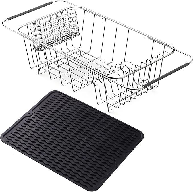 NiuYichee Stainless Steel Dish Drying Rack(14.2"L x 9.5"W x 4.1"H), Expandable Fruit & Vegetable Drain Rack over Sink, Dish Drainer Rack in Sink, with Stainless Steel Utensil Holder & 16" Silicone Mat by NiuYichee
