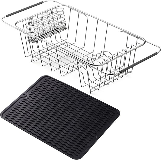 NiuYichee Stainless Steel Dish Drying Rack(14.2"L x 9.5"W x 4.1"H), Expandable Fruit & Vegetable Drain Rack over Sink, Dish Drainer Rack in Sink, with Stainless Steel Utensil Holder & 16" Silicone Mat by NiuYichee