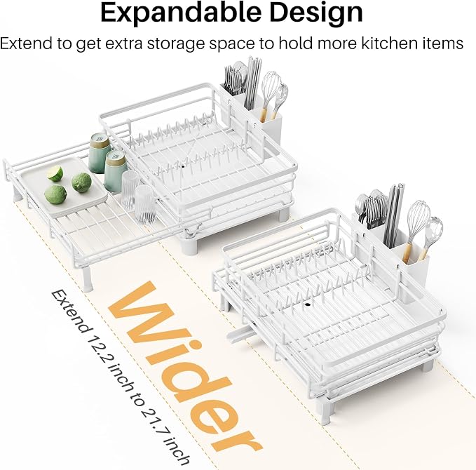 Expandable Dish Drying Rack for Kitchen Counter, Stainless Steel, White | Foldable Over Sink, Large Capacity, Adjust to Fit Most Sinks, Angled Drainboard, Removable Utensil Holder, Slip Resistant - Image 5