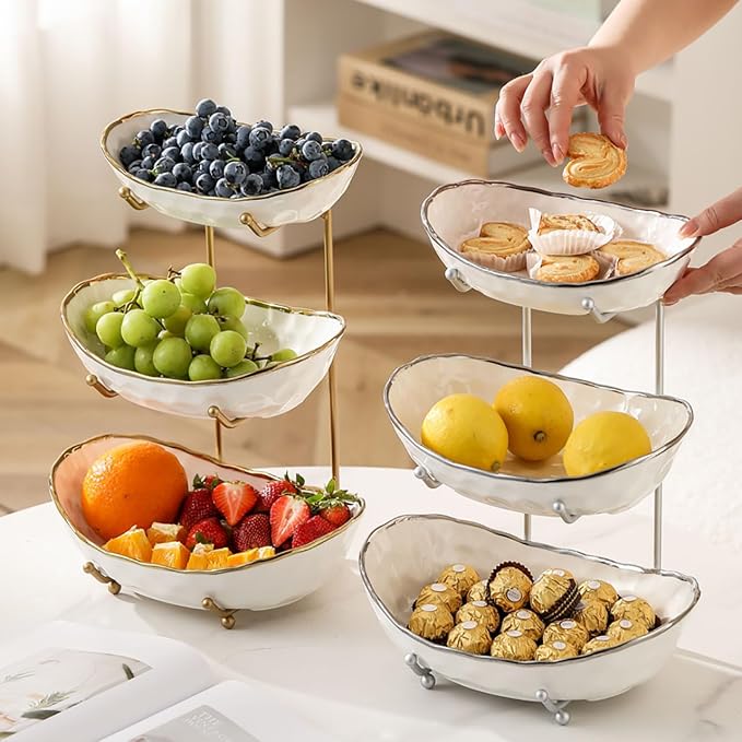 3-Tier Fruit Bowls for Kitchen Counter,White Ceramic Bowl with Gold Metal Stand,3 Tier Fruit Basket for Fruit,Snack,Cake,Nuts,Dessert Storage - Image 4