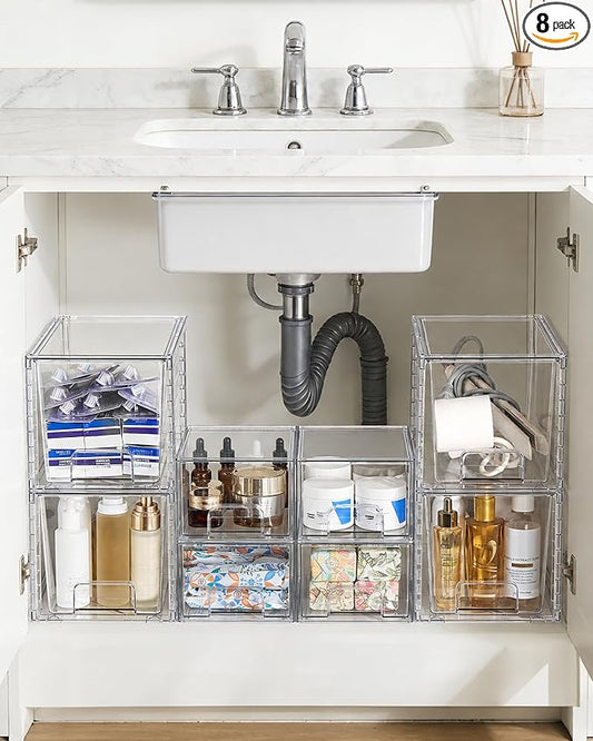Vtopmart 8 Pack Clear Pull-Out Under Sink Organizer Set (4 Large & 4 Small) | Stackable Storage Drawers, Designed to Fit Bathroom & Kitchen, Under-Sink Organization by Vtopmart