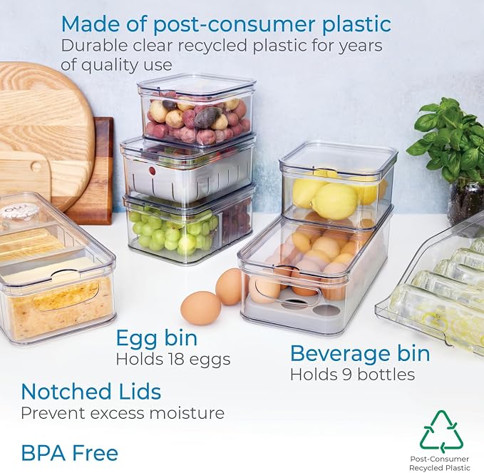 iDesign Crisp 7-Piece Recycled Plastic Refrigerator Organizer Bin Set | With Lids, Clear/Gray - Image 5