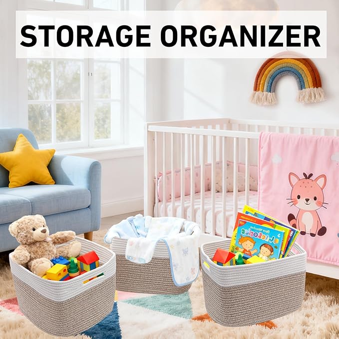 3 Pack Woven Baskets,Storage Baskets for Shelves with Handles | 13.5"×11"×9.5" Closet Baskets, Nursery Organizer for Toys Towels Books, Storage Bin for Living Room Bedroom (White&Brown) - Image 5