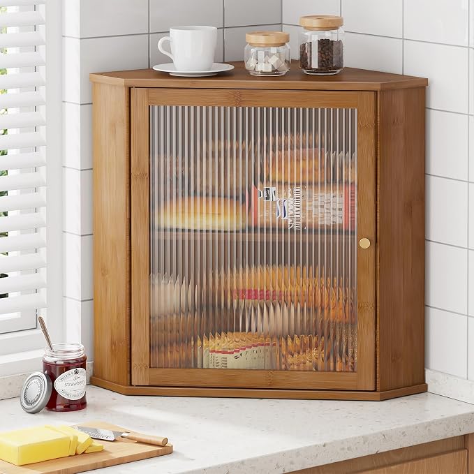 Kitsure Wooden Corner Bread Box for Kitchen Countertop, Large, Brown | 2-Tier Bread Container with Magnetic Acrylic Door, Kitchen Counter Organizer for Snacks, Loaves,, Homemade Bread Storage by Kitsure