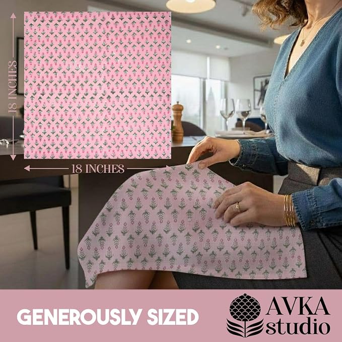 Cotton Print Dinner Napkins 18x18 inches - Washable Cloth Napkins Set of 6 - Everyday Use or Dinner Party and Events - Pink Block Printed Soft Fabric by Craftbot - Image 4