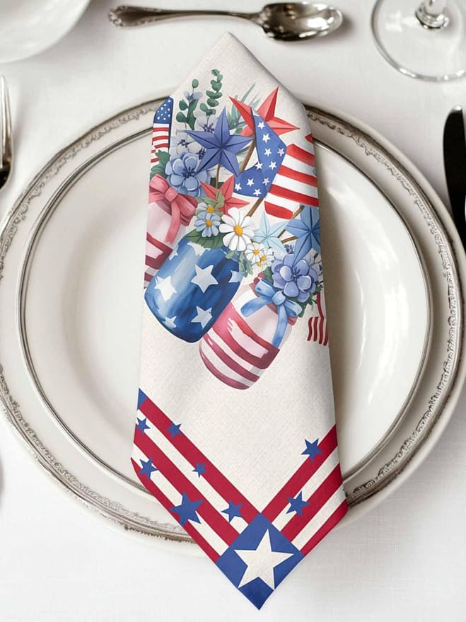 Poppy Flower Patriotic Flag Cloth Napkins Set of 8 - Washable Dinner Napkins Reusable Table Napkins for Home Party Weeding Dining Table Setting Decoration, Independence Day Red Blue Oversized 20"x20" - Image 2