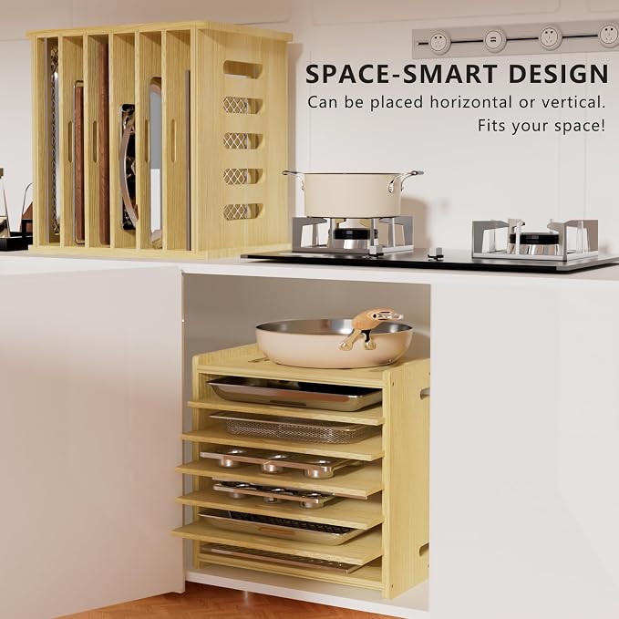 7 Tier Wooden Tray Dividers for Cabinets | Baking Cookie Sheet Organizer, Vertical/Horizontal Cabinet Dividers for Pots, Cutting Board, Kitchen Organizers and Storage - Image 6