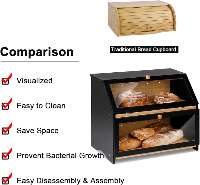 HOMEKOKO Double Layer Wooden Bread Box, Keep Bread Fresh Longer, Black | Keeps Bread Fresh 3-4 Days, Large Capacity Fits 2+ Loaves, Suitable For Home Kitchen Food Storage Use, See-Through Window - Image 3