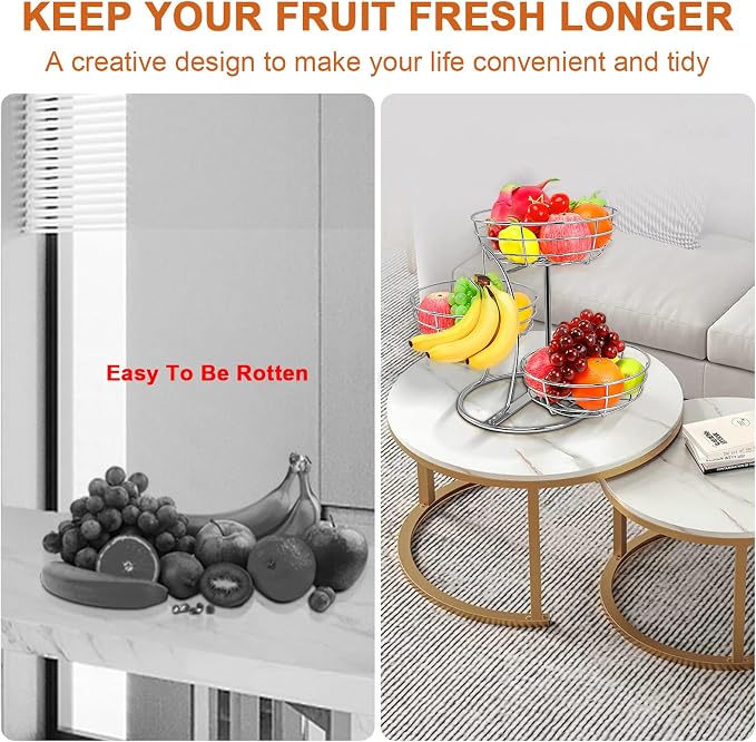 Livabber Fruit Basket Bowl with Banana Hanger, Fruit Vegetable Storage Basket with Banana Tree Holder for Kitchen Counter, Detachable Organizer for Bread Snack Produce (Chrome, 3-Tier Metal Base) - Image 5