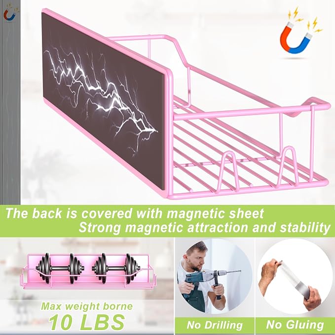 Magnetic Spice Rack for Refrigerator, 4 Pack Metal Strong Magnet Spice Organizer Shelves, Magnetic Fridge Shelf for Kitchen Seasoning Organizer Gadgets, Home Organization and Storage (Pink) - Image 3