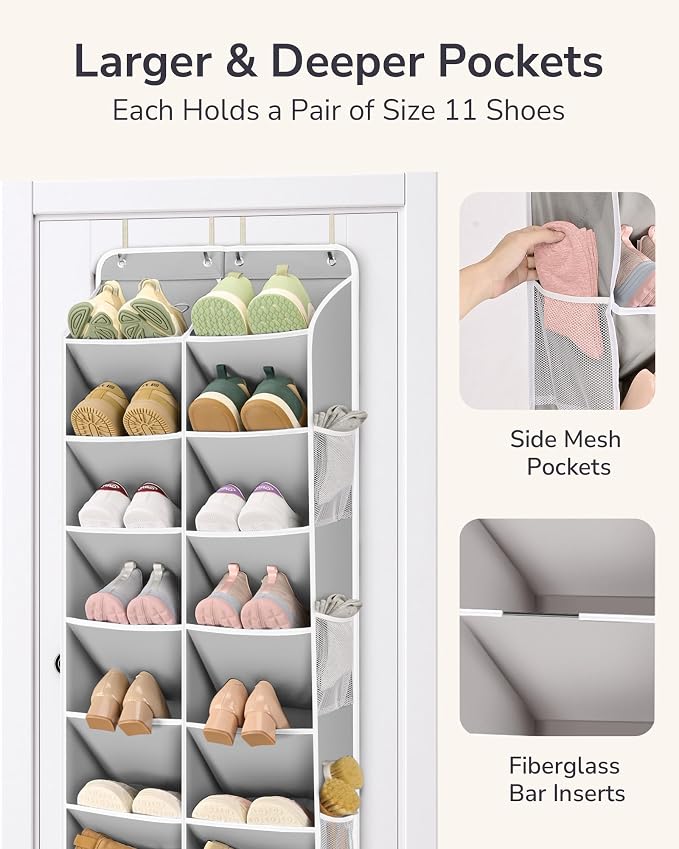 ULG Over The Door Shoe Organizer with 16 Large Pockets, Hanging Shoe Rack for Closet Door, Space Saving Shoe Storage for Boots, Heels & Sneakers,Grey - Image 3