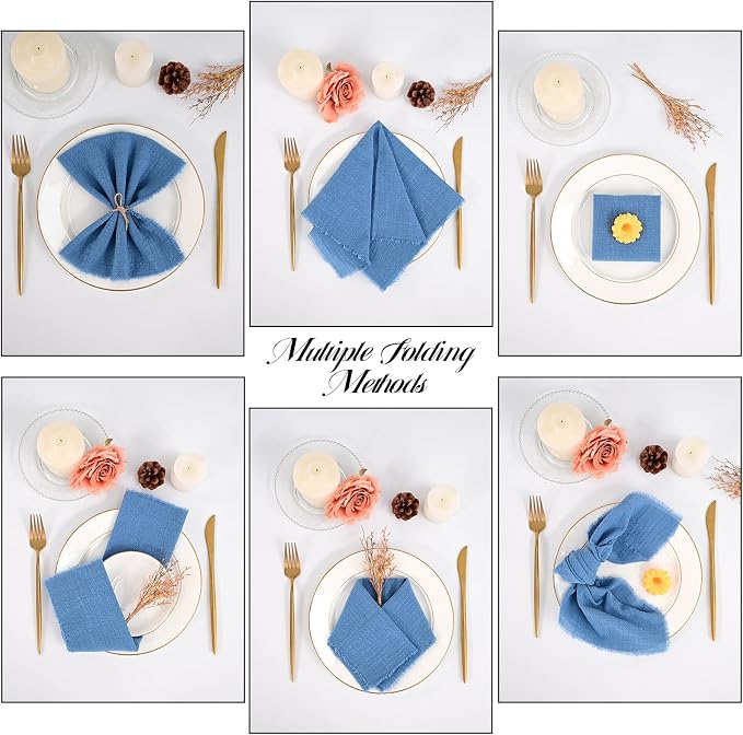 36 Pack Cyan Cloth Napkins, 12 x 12 Inch Cotton with Fringe Settings | Handmade washable reusable cotton dinner napkins in bulk for weddings, parties, rustic boho table settings - Image 3