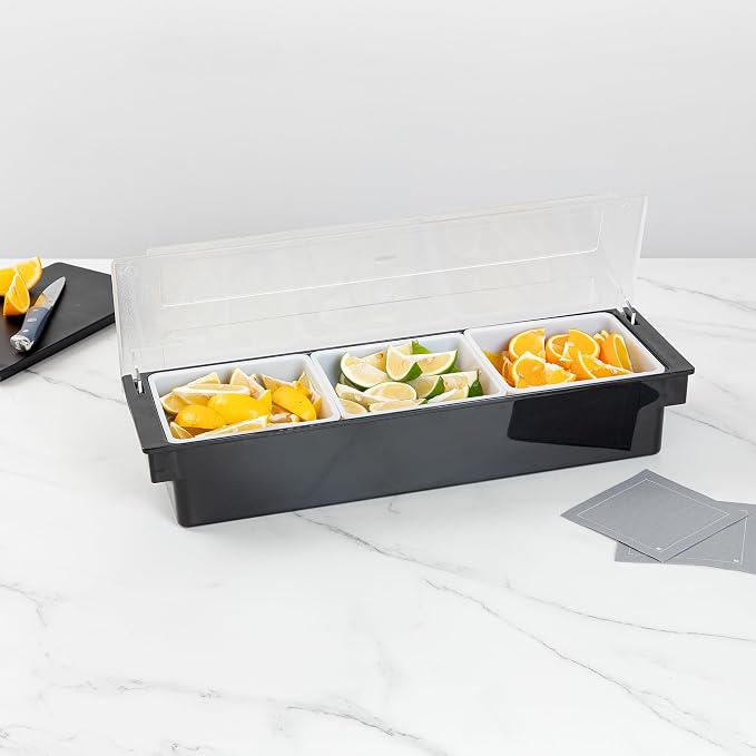 Restaurantware Bar Lux 19.6 x 6.3 x 3.7 Inch Condiment Caddy 1 Durable Bar Caddy - 3 Removable Compartments Built-In Lid Black Plastic Condiment Holder For Restaurant Store Cocktail Garnish - Image 3