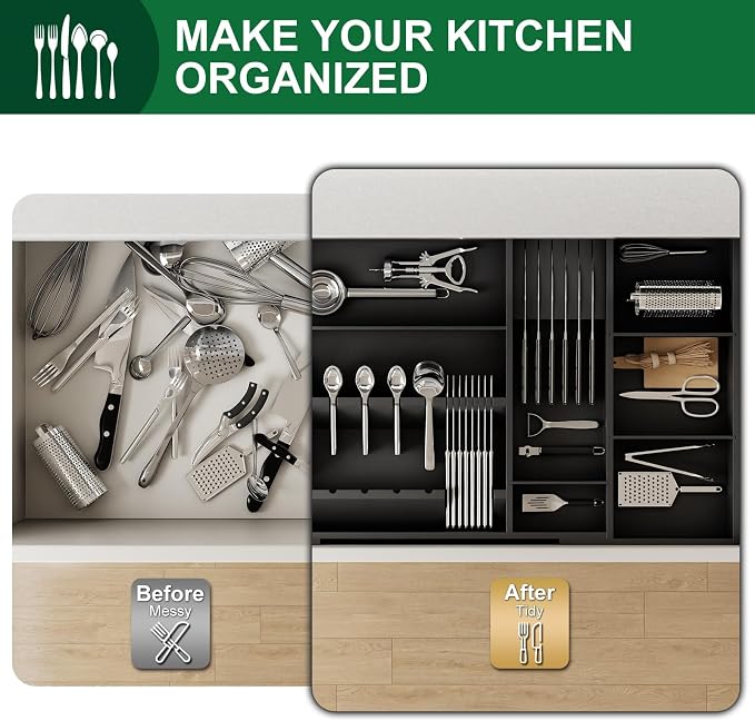 Bamboo Silverware Drawer Organizer, 17.72-29.53 Inch Expandable Large Kitchen Drawer Organizer, 5-8 Slot Flatware with Removable Card Slots & Knife Block for Spoon Butter Knive, Black - Image 6