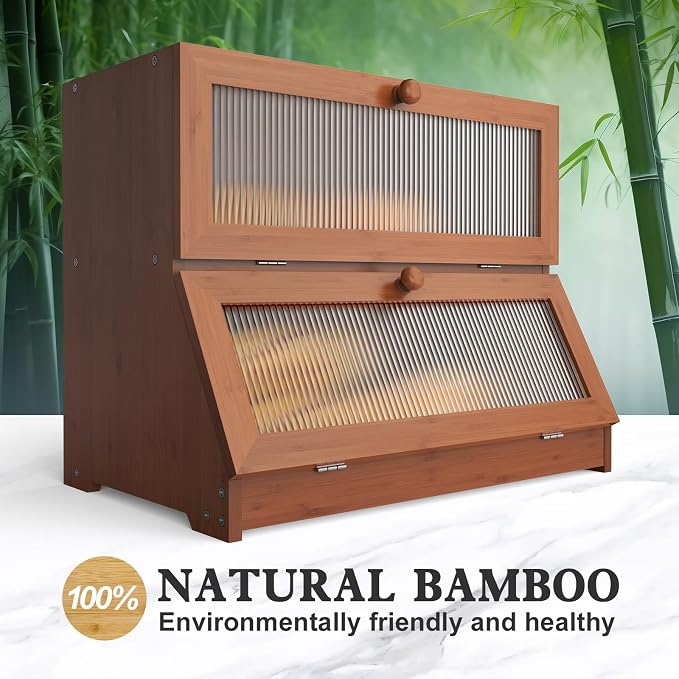 LOHASOK Bread Box for Kitchen Countertop,Brown | 2-layer, Bamboo, Large, Farmhouse Bread Container Holder Storage, Acrylic translucent window - Image 3