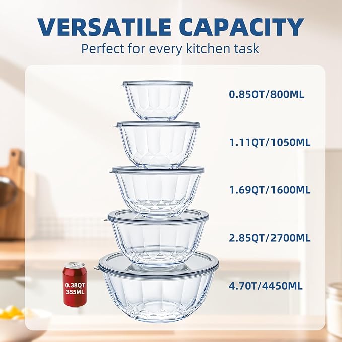 Luvan 5-Piece Glass Mixing Bowls Set with Lids - Clear Salad Bowls with Lids Set, Diamond Pattern Large Glass Mixing Bowl for Baking Prep, Serving & Storage - Image 3