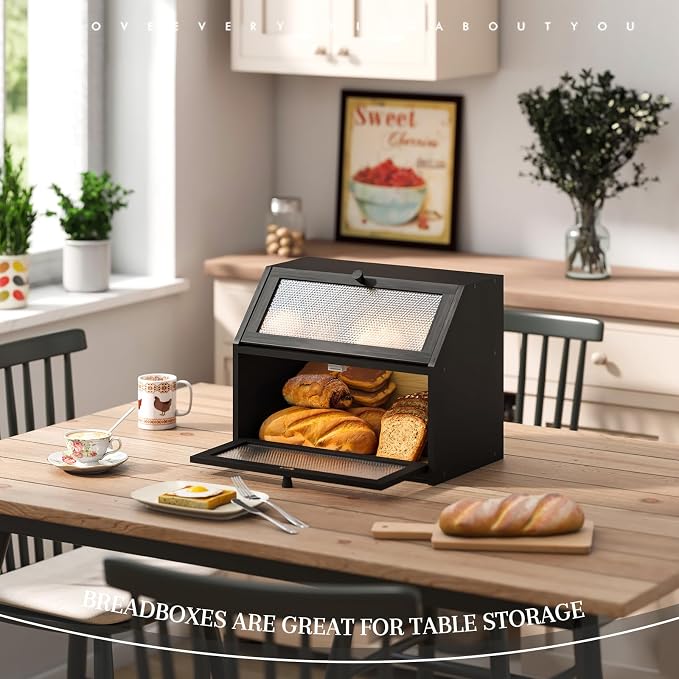 STDDRE Bread Box for Kitchen Countertop Bin Double Layer Bread Box Storage Container Extra Large Capacity Farmhouse with Diamond Pattern Windows (Black, Large) - Image 3