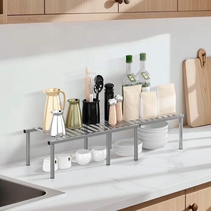 STORAGE MANIAC Expandable Cabinet Organizer Shelf, Set of 4, Gray | 15.8 inches Expandable, Stackable Wire Shelf, Spice Rack, Metal Pantry Storage for Plate Dish, Kitchen Counter Shelves - Image 7